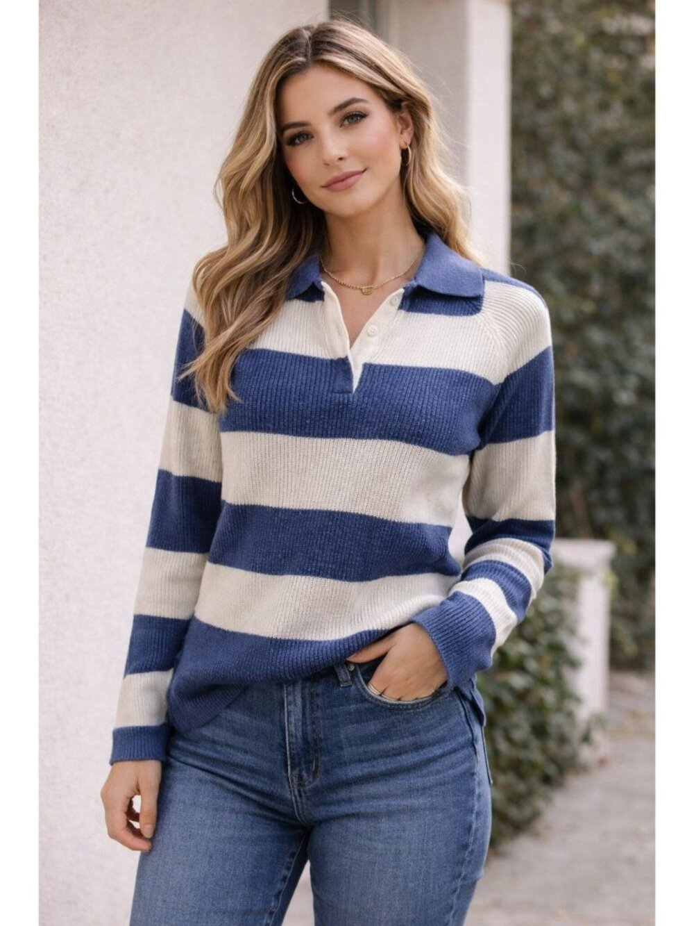 Marsh Landing By Amanda Smith Collared Long Sleeve Striped Sweater Size M Preppy